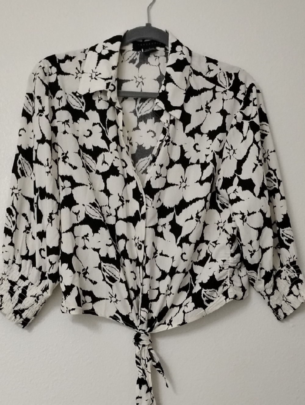 Tie-Front Button-Down Shirt - Black & White Floral